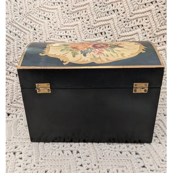 Vintage Hand Painted Floral Wooden Keepsake Chest Black Gold Jewelry Box 9.5in - Picture 6 of 11